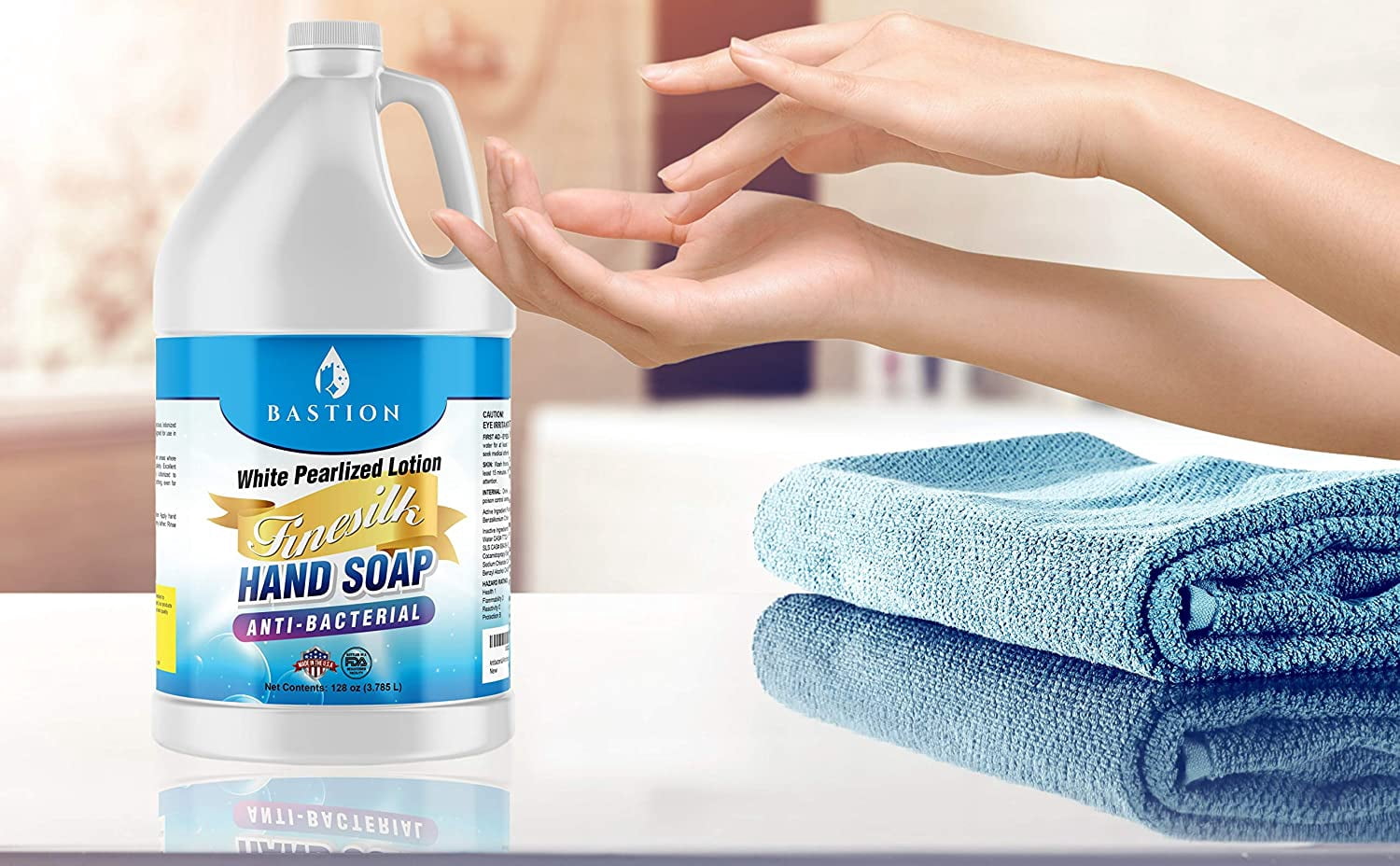 Antibacterial Hand Soap Refill. Bastion Finesilk White Pearlized Liquid Hand Wash . One Gallon (128 oz) Jug. PH Balanced Ultra-Strength. Made In USA
