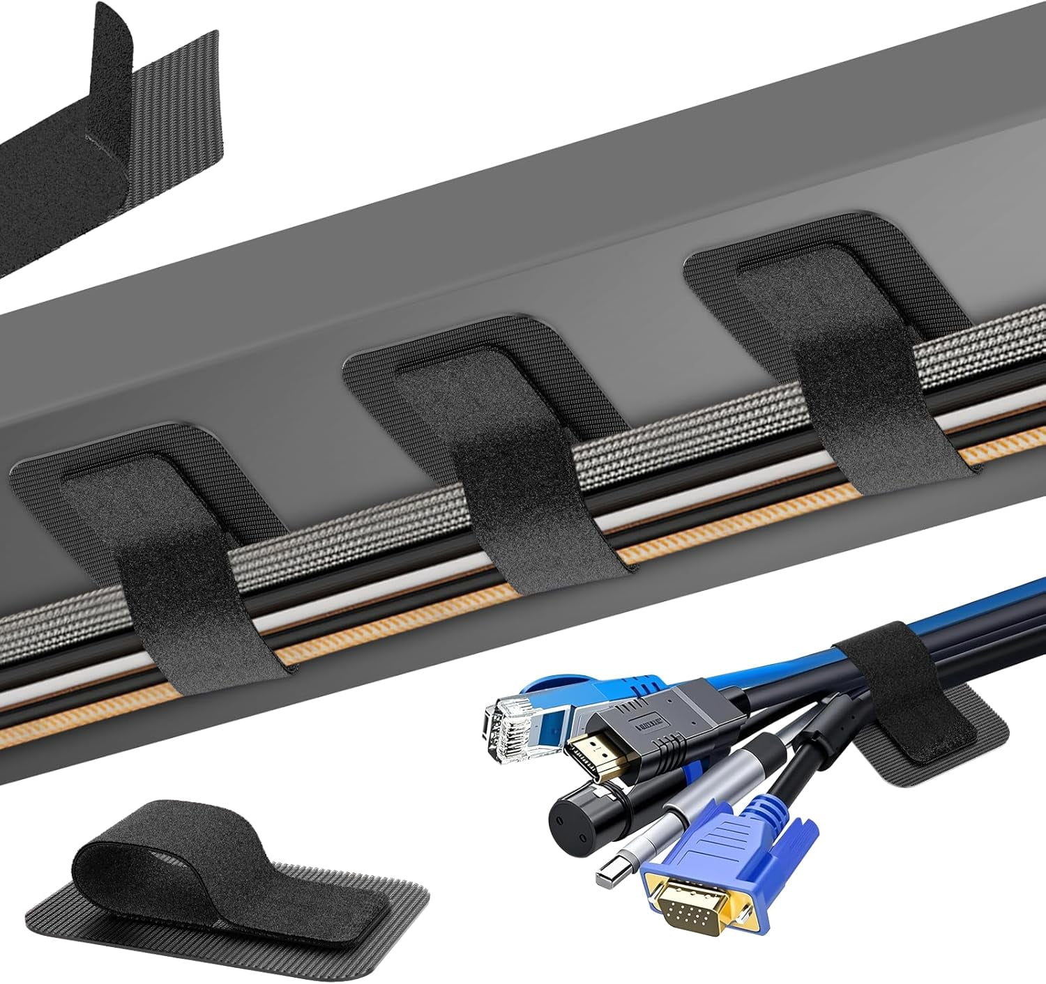 FEFEFW-Under Desk Cable Management, 【Holds 15 Cables】【Ultra Adhesion】 Hook and Loop Cable Strap, Adjustable Long Cable Tie, Reusable Cable Clip Hiding, 20 Pairs