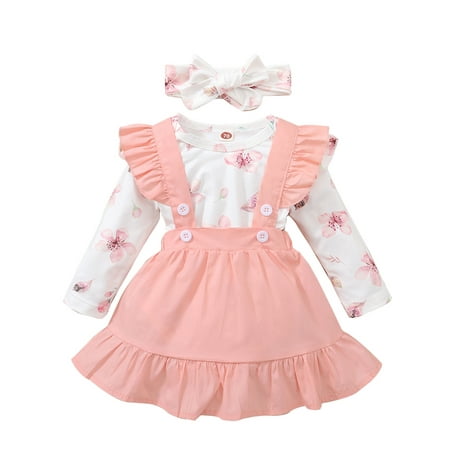 

elfinBE Infant Baby Girl Lovely Long Sleeve Romper Halter Strap A-line Skirt And Hairband Three-piece Suit 3-18M