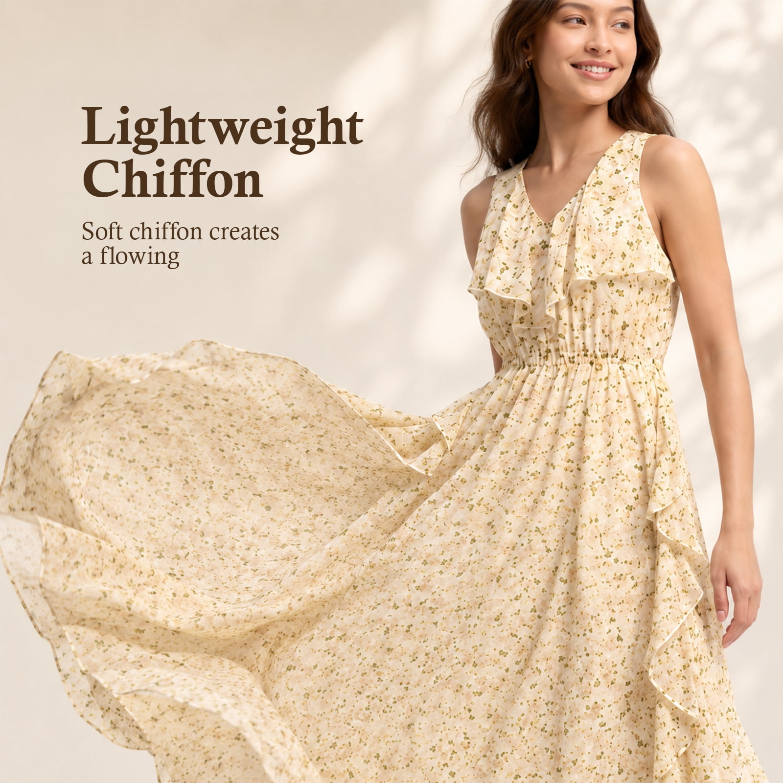 Alvantor Summer Maxi Dresses for Women, Sleeveless Ruffle V-Neck Floral Poly Chiffon, Ivory Multi