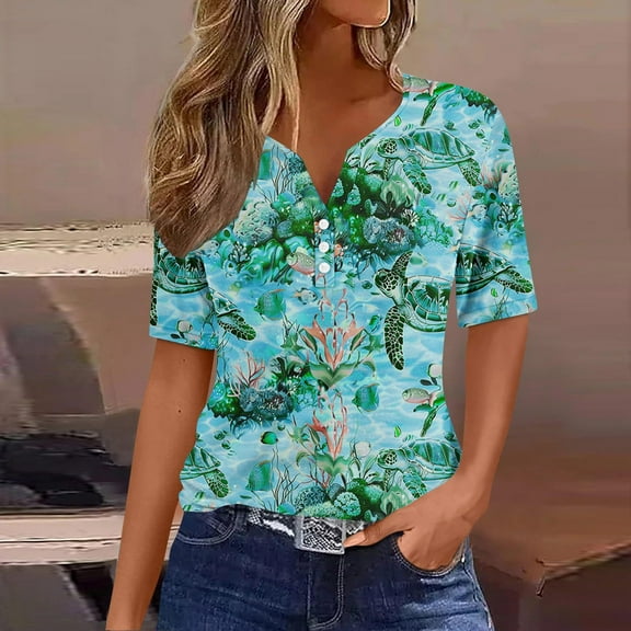 GaThRRgYP Womens Tops Dressy Casual,Plus Size Tops under 10.00,Summer for Women Vacation Trendy V Neck Short Sleeve Shirts Loose Spring Vintage Floral Print Comfy Tunic Clothes Green S