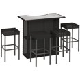 thumbnail image 1 of Outsunny 5 Pieces Patio Bar Set, Outdoor PE Rattan Wicker High Top Outdoor Table and Chairs Outdoor Bar Set with Tempered Glass Top Bar Table and Shelves, 4 Bar Chairs, Black, 1 of 10