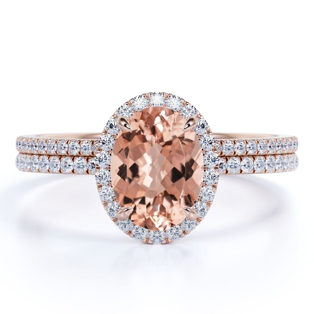 JeenMata Art Deco 1.75 Carat Oval cut created morganite and Moissanite Bridal Wedding Ring Set with Engagement Ring and Wedding Band in 18k Gold Over Silver