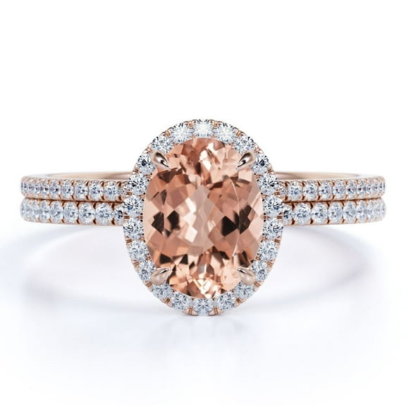 JeenMata Art Deco 1.75 Carat Oval cut created morganite and Moissanite Bridal Wedding Ring Set with Engagement Ring and Wedding Band in 18k Gold Over Silver