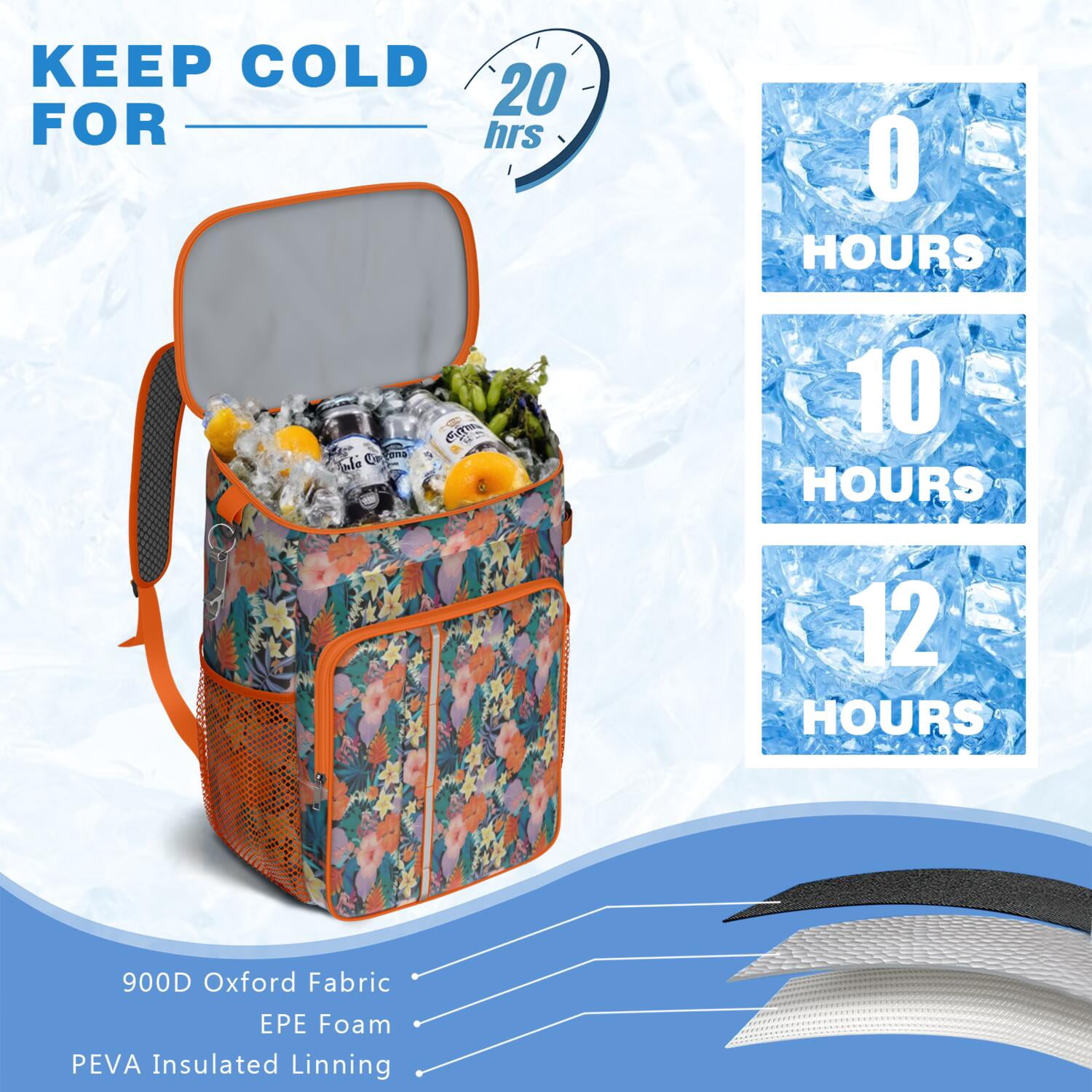 Travel Cooler Bag - Pioneer Flower Floral Print Pattern Camping Beer Cooler Backpack with Bottle Opener- Waterproof Insulated Picnic Backpacks - Cooler Bag for Beach