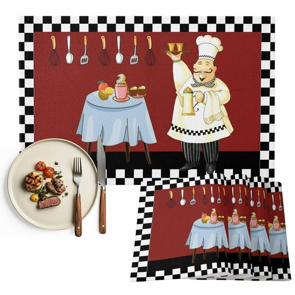 Placemats Set of 4, Funny Chef Kitchen Dessert Placemats Set of 4, Black Buffalo Plaid Tablemats Placemat Table Decoration for Kitchen Table Dinner Party Home Decor Indoor Outdoor 13x19 Inch