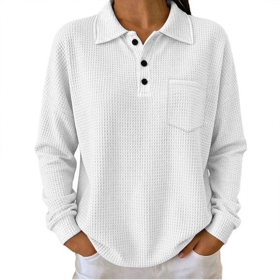 Dpjklzsn Women's Contrast Waffle Polo Top, Long Sleeve Button Pullover with Chest Pocket for Fall Winter Casual Wear