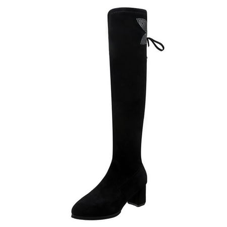 

Eloshman Ladies Rhinestones Pull On Over The Knee Boots Work Bow Long Winter Shoes Comfortable Tall Thigh High Boot Black (8cm Heel) 7