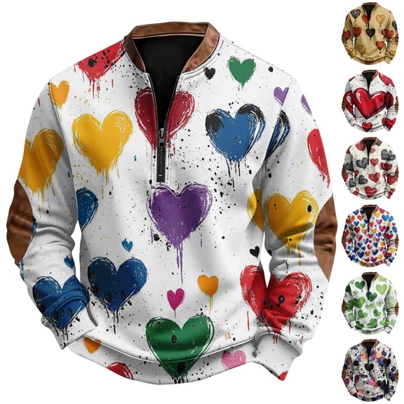 Men's Casual Hoodie American Heart Print Round Neck Long Sleeve Half Pullover for Valentine's Day Winter Fashion,Black,L