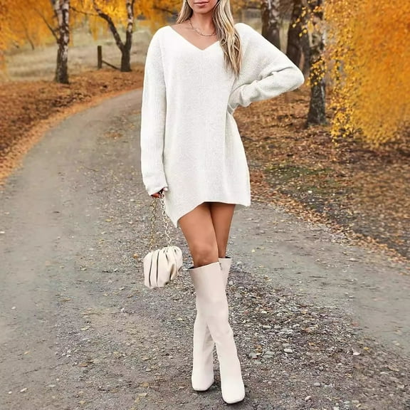 PiGOGI Women's Loose V-Neck Knit Sweater Long Sleeve Mid Length Pullover Casual Fall Winter Fashion Tops Soft Comfort White XL