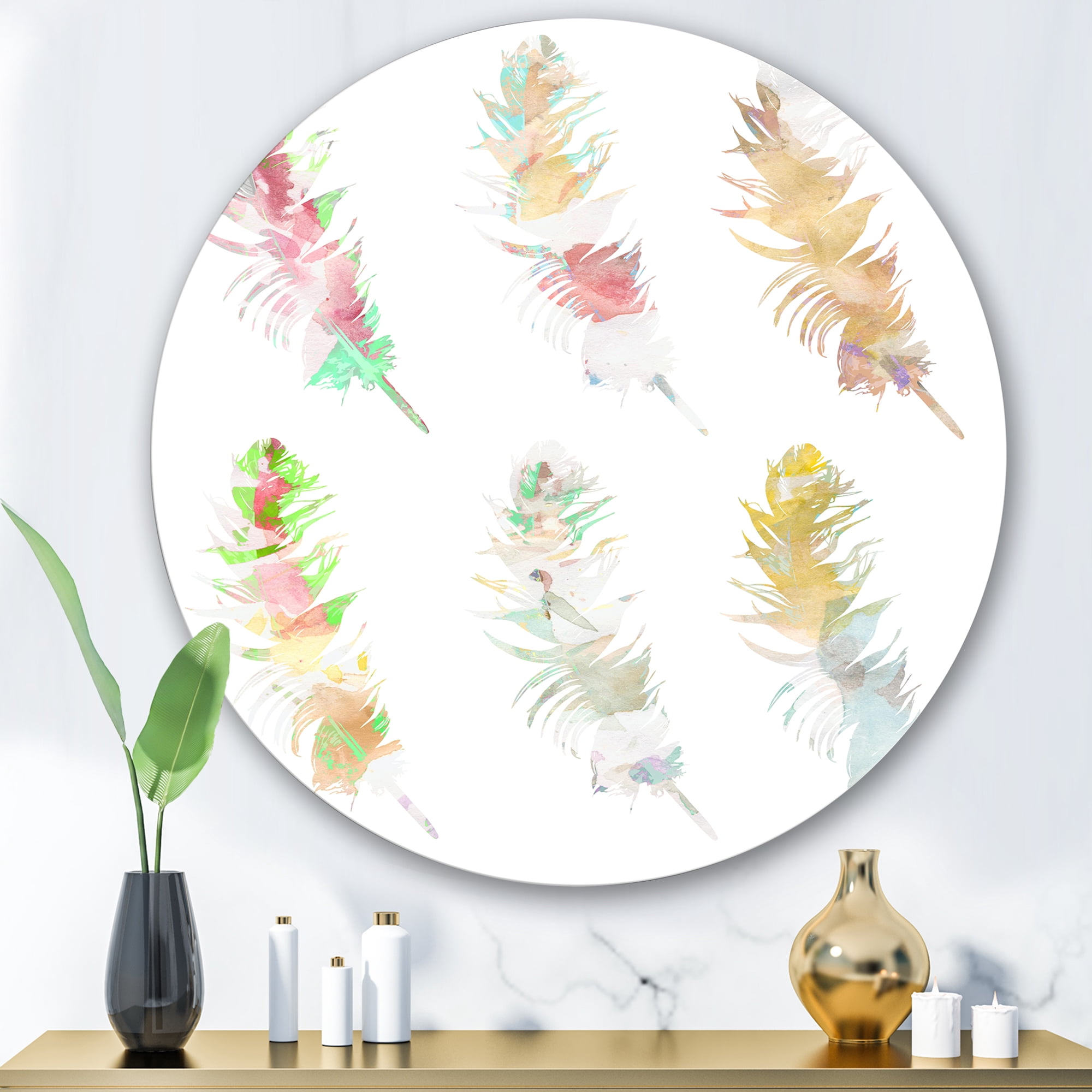 Designart 'Vibrant Boho Art Feather In Rustic Bright Colors' Bohemian & Eclectic Circle Metal Wall Art 36x36 - Disc of 36
