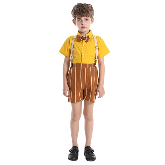 CUZIBR Boy Baby Summer Outfits Formal Short Sleeve Button Down Turndown Collar Shirts Tops Suspenders Striped Shorts Child Gentleman Elegant Clothes Sets Trendy Clothes,Yellow,7-8 Years