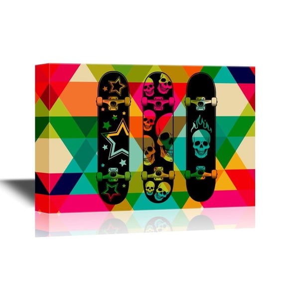wall26 - Skateboard Canvas Wall Art - Colorful Skateboard on Check Background - Gallery Wrap Modern Home Art | Ready to Hang - 16x24 inches