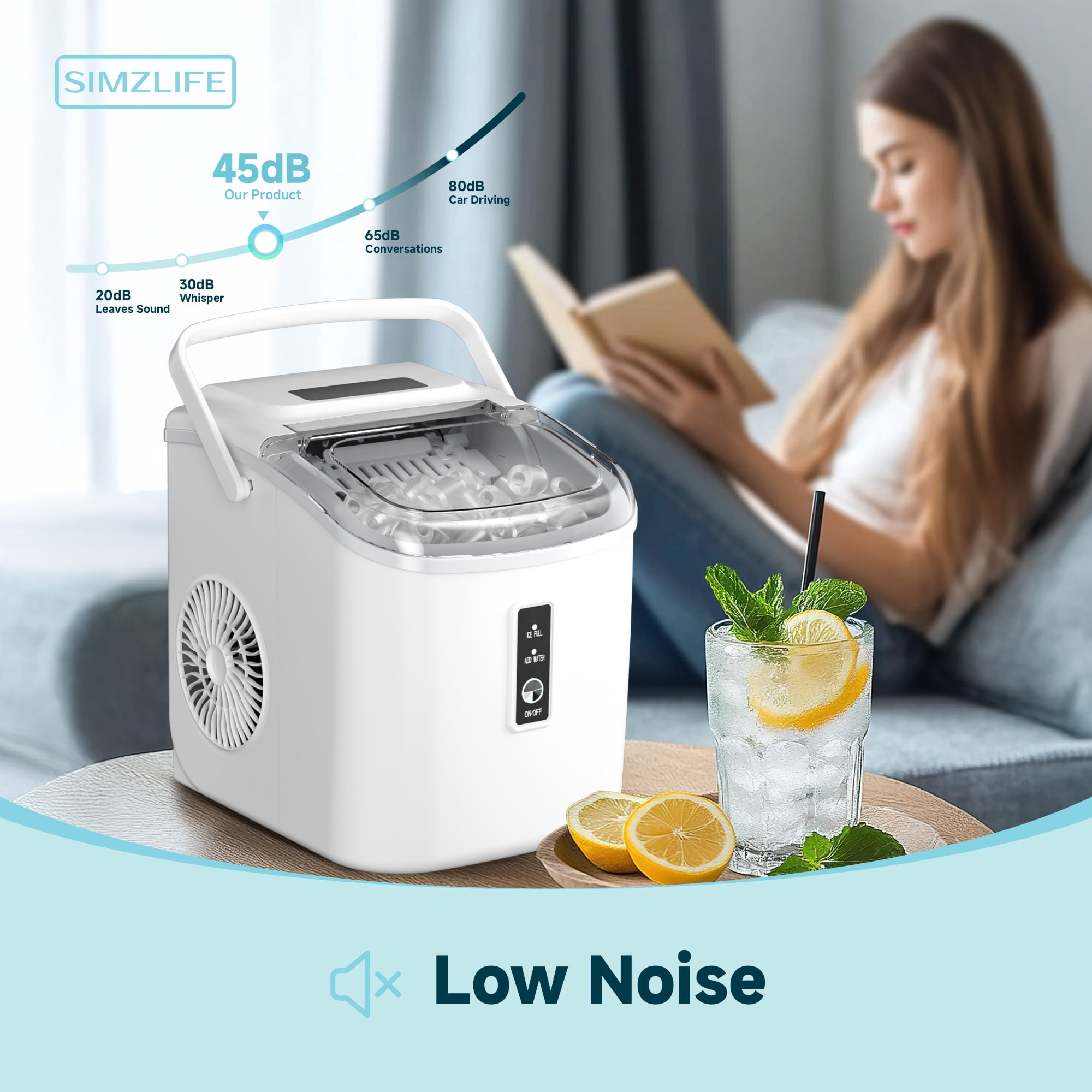 Simzlife Countertop Ice Maker with Handle,Portable Ice Machine with Basket and Scoop, 9 Bullet Ice In 6 Mins, 26Lbs/24H, Self-Cleaning
