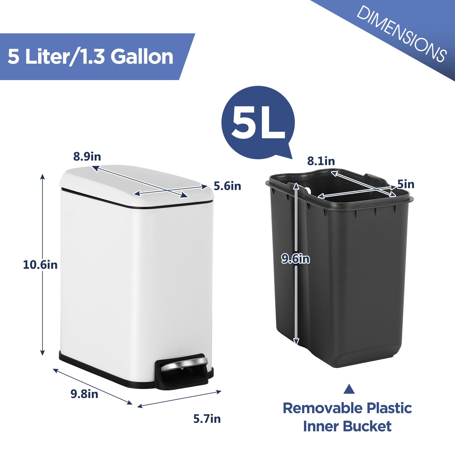 BestOffice 1.3 Gallon Plastic Step Trash Can with Removable Bucket Slim for Indoor, 2 Pack(White)