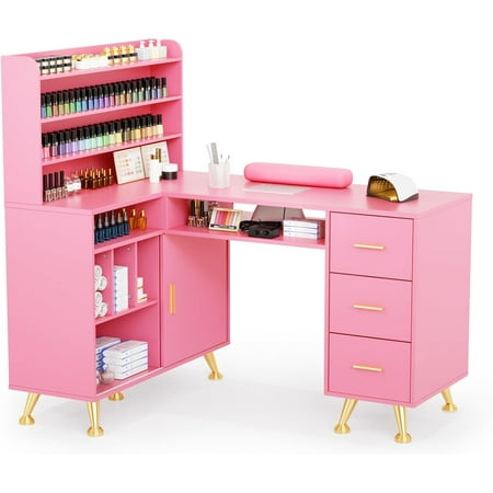 OmySalon L-Shaped Nail Table with Dust Collector 52 Corner Nail Desk for Nail Techs | w/Polish Display Rack Arm Rest Drawer & Cabinet Storage