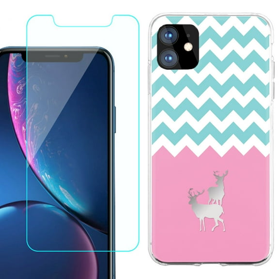 For Apple iPhone 11 Case , Slim-Fit TPU Protective Phone Case with Tempered Glass Screen Protector, by OneToughShield ® - Chevron/Teal/Deer