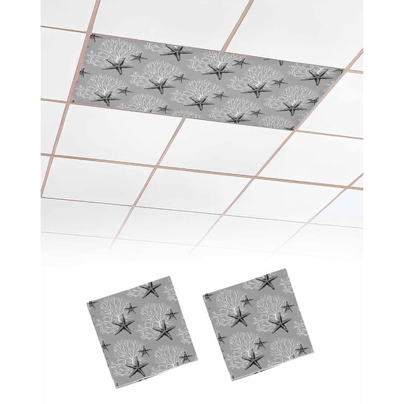 Fluorescent Light Covers for Ceiling Lights 2 Pack,Grey Coastal Magnetic Ceiling Light Covers 2x4ft for Classroom Office School,Nautical Summer Beach Coral Starfish Overhead Drop Ceiling Light Shade