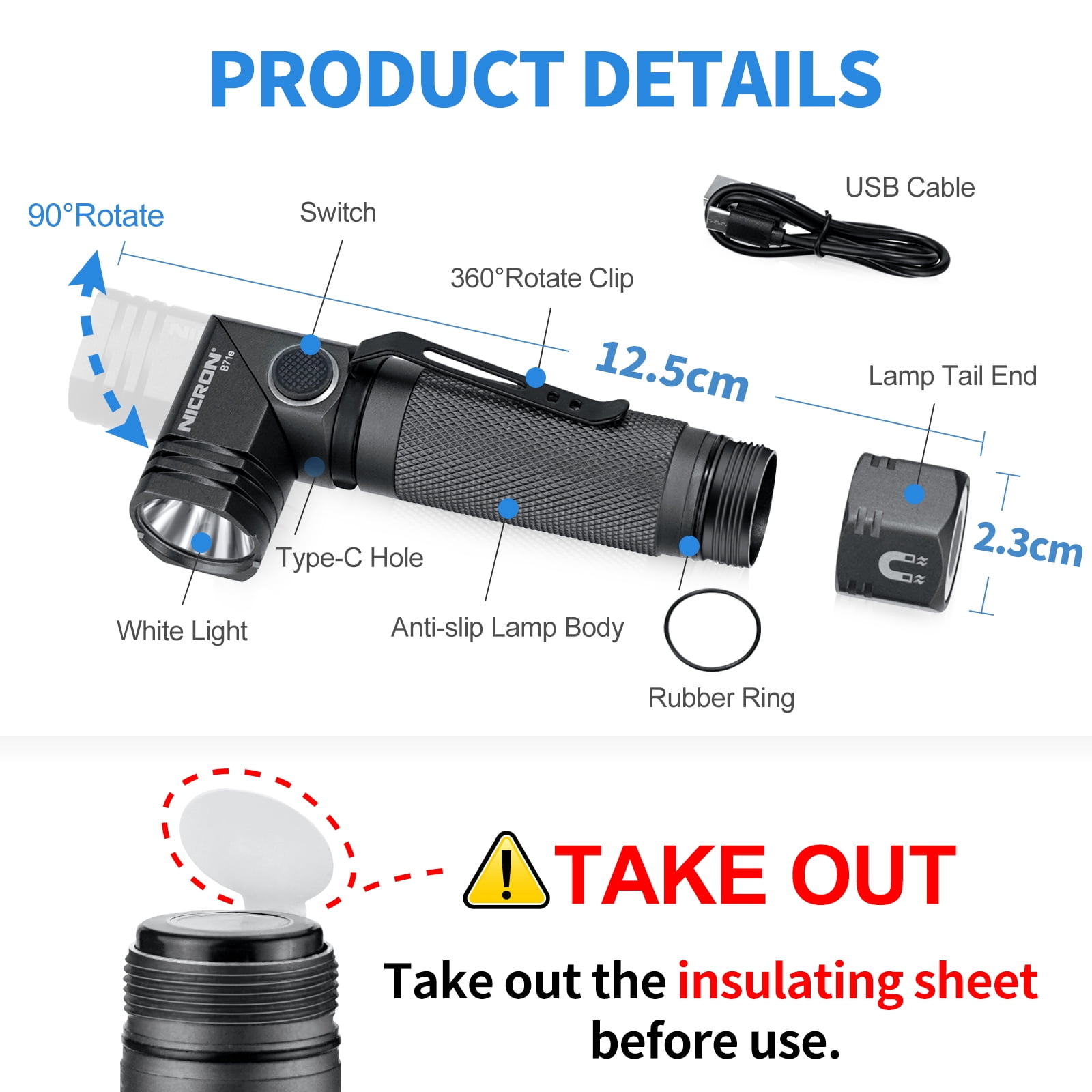1300 Lumens Rechargeable Magnetic Flashlight, 6 Modes LED 90 Degree Flashlight Twist IP65 Waterproof EDC Pocket Torch, Tactical Flashlight for Camping