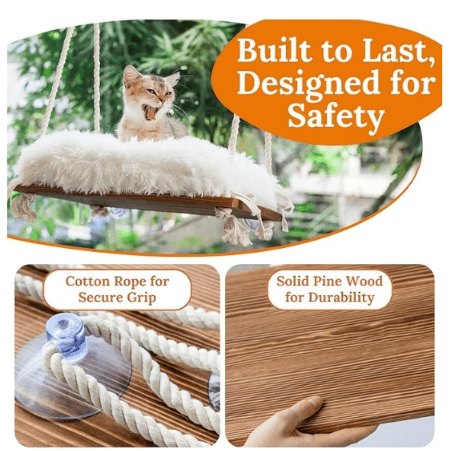 Cat Window Perch – Sturdy Cat Hammock with 4 Strong Suction Cups, Plush Faux Fur Cushion & Solid Wood Seat – Rustic Pet Bed for Indoor Cats