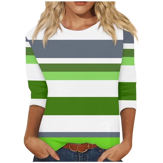 cfhntfmh Hauts pour Femmes Automne 2024 Tendance à Blocs de Couleur Col Rond Blouses Décontractées Manches 3/4 Tuniques Amples