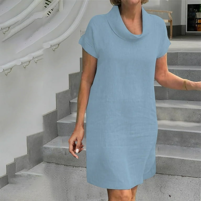Women s Casual V Neck Cotton Linen Midi Dress Summer Half Sleeve Knee Length Shift Dresses Light Blue M Walmart