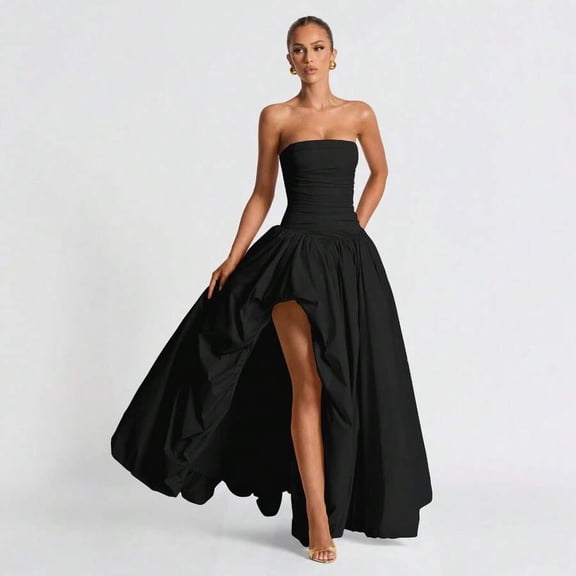 Black Strapless Ruched Bodice High-Low Ball Gown Evening Dress