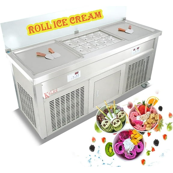 Kolice Commercial ETL 21"x21" Double Square Pans Fried Ice Cream Rolled Machine With 10 Refrigerated Buckets-Smart Temperature Control