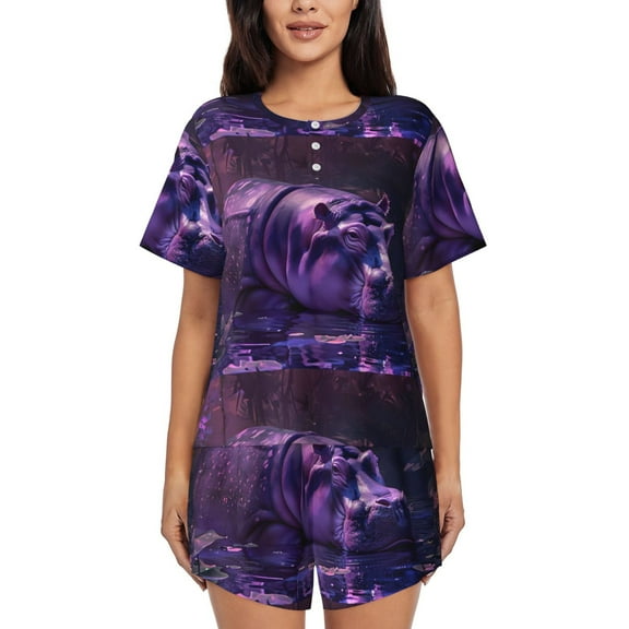 Rateoe Purple Hippo In Water Pattern Women's Short-Sleeved Pajama Set - 2 Piece Soft and Lightweight Sleepwear Set-