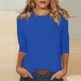 thumbnail image 2 of TQWQT 3/4 Length Sleeve Shirts for Women 2024 Casual Summer Blouses Crewneck Solid Color Cute Tops Loose Fit Pullover Blue 2XL, 2 of 5