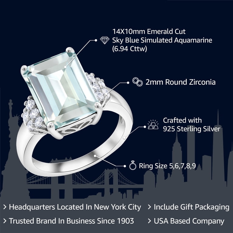 Gem Stone King Simulated Aquamarine & Diamond Engagement Ring - 2.33 Cttw, 925 Sterling Silver, Sizes 5-9