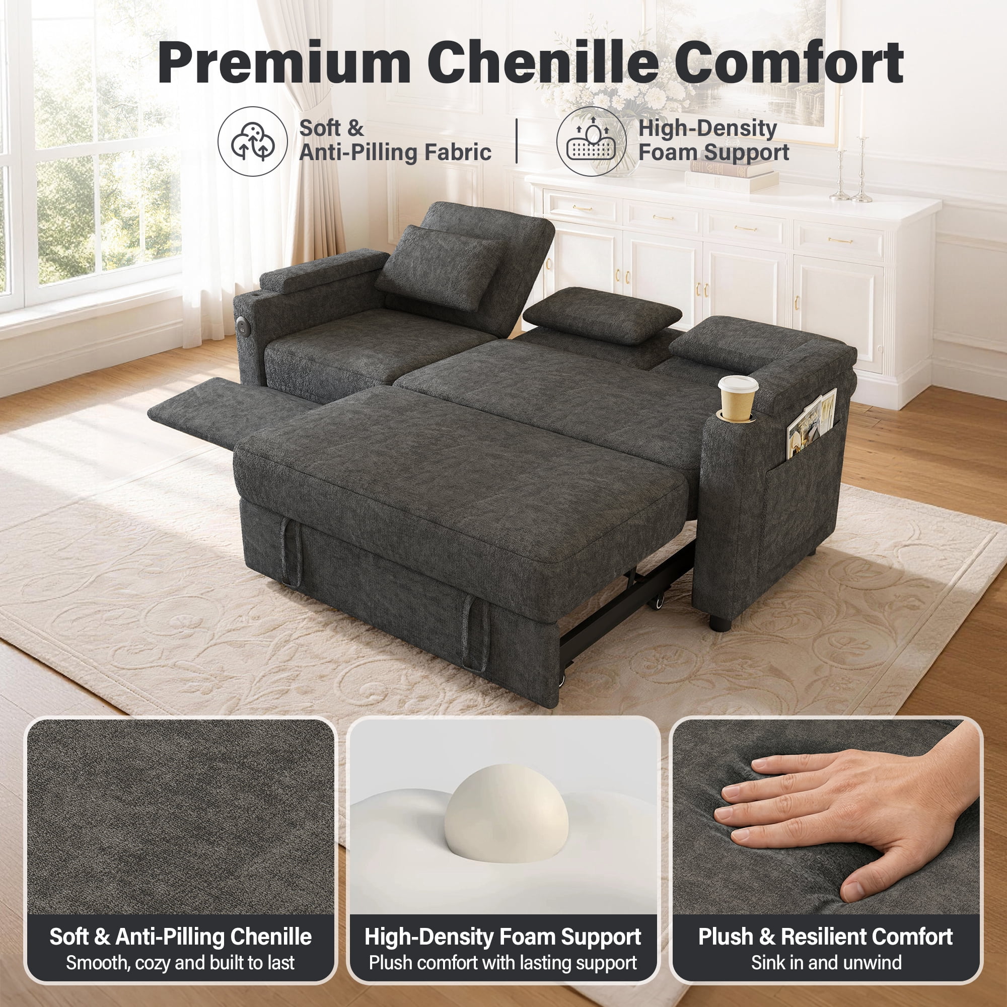 Aukfa 81" Convertible Sleeper Sofa,Chenille 3-in-1 Sofa Bed with Recliner,Center Table,USB Ports & Storage Armrests,Gray