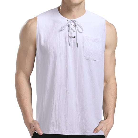 BLESSUME Men's Cotton Linen Tank Top Shirts Casual Sleeveless Lace Up Beach Hippie Tops Bohemian Renaissance Pirate Tunic