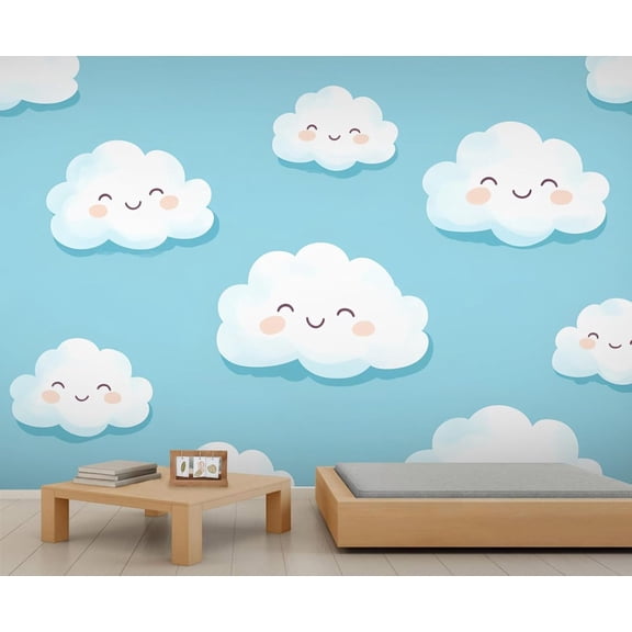 Cartoon Clouds Wall Mural Nursery - Smiling Clouds Wall Murals, Light Blue Hd Photo For Living Room Bedroom, Cloud Mural For Children's Room 98.4"W x 68.9"H (Not Peel and Stick)