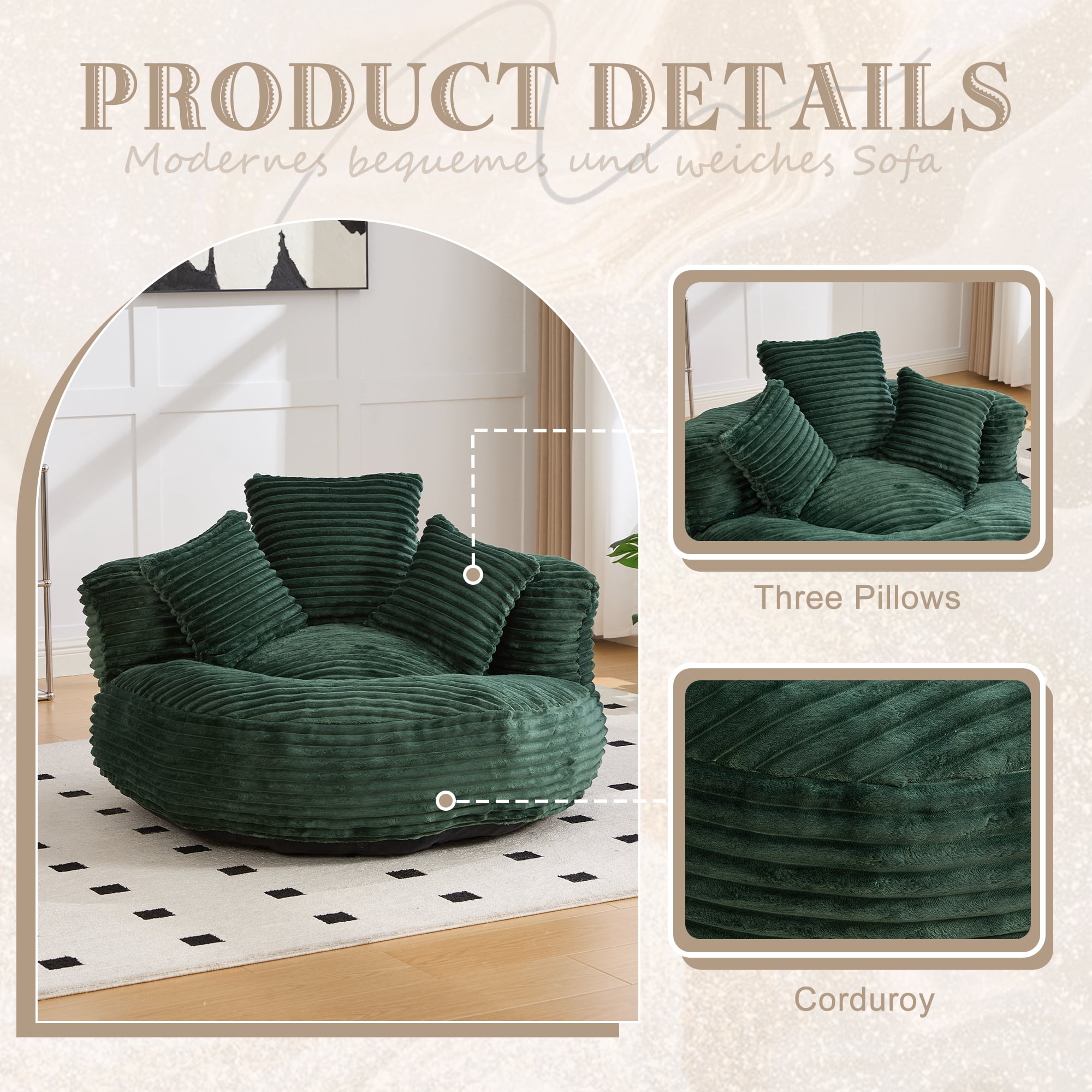 CKEASEAN Oversized Bean Bag Chair for Adults with Armrests & 3 Pillows, Corduroy Bean Bag Sofa with Memory Foam Filler, Lazy Floor Chair No Assembly, Comfy Lounge Seat for Living Room Relaxing