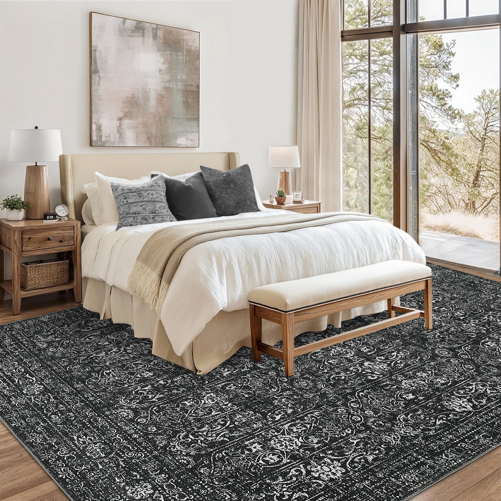 GlowSol 10'x13' Large Area Rugs for Living Room Bedroom Vintage Floral Rug Soft Low Pile Non-Slip Carpet, Black