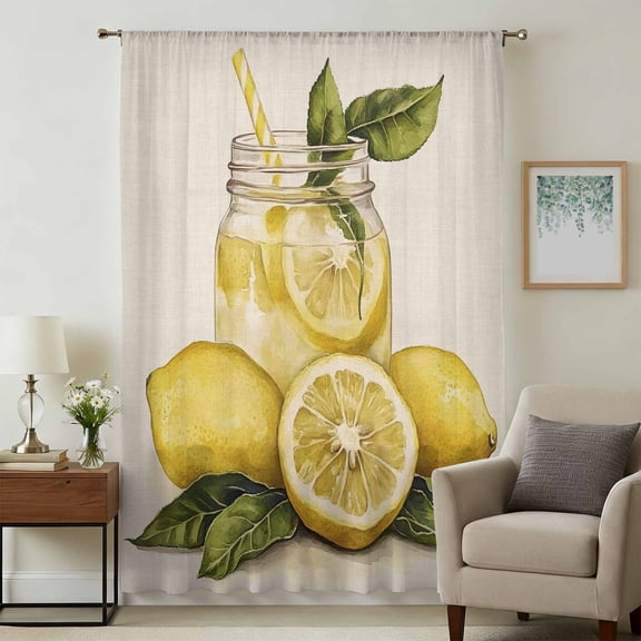 Summer Lemon Sheer Curtains 84 Inches Long, Yellow Fruits Green Leaf Vintage Light Filering Curtains, Breathable Simi Curtain Privacy Drapes for Living Room Bedroom Lightweight Window Treatment