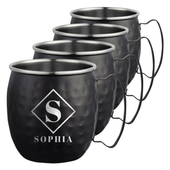 PERSONALIZED Monogram Letter Initials Gift Idea:Round Monogram Custom Engraved Classic Moscow Mule Mug Sturdy Handle Rolled Rim, Smooth Black Finish 16 oz, Set of 4, Diamond