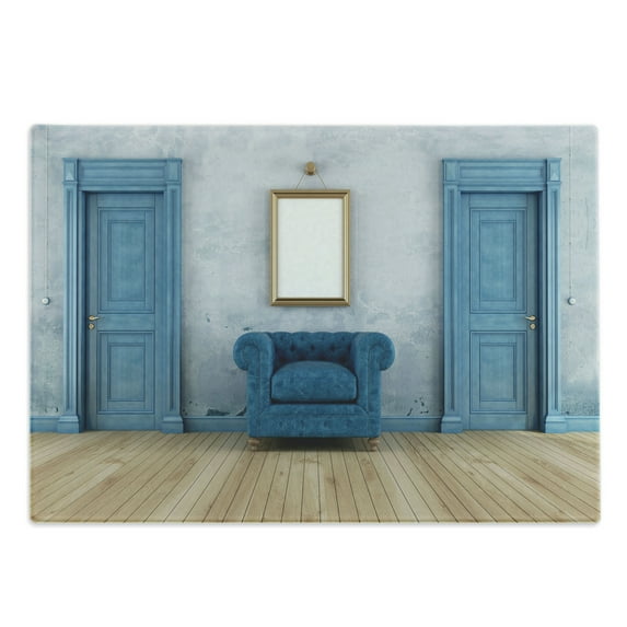 Antique Cutting Board, Empty Space 2 Doors Armchair and Simple Mirror Golden Yellow Frame, Decorative Tempered Glass Cutting and Serving Board, Large Size, Blue Sand Brown, by Ambesonne