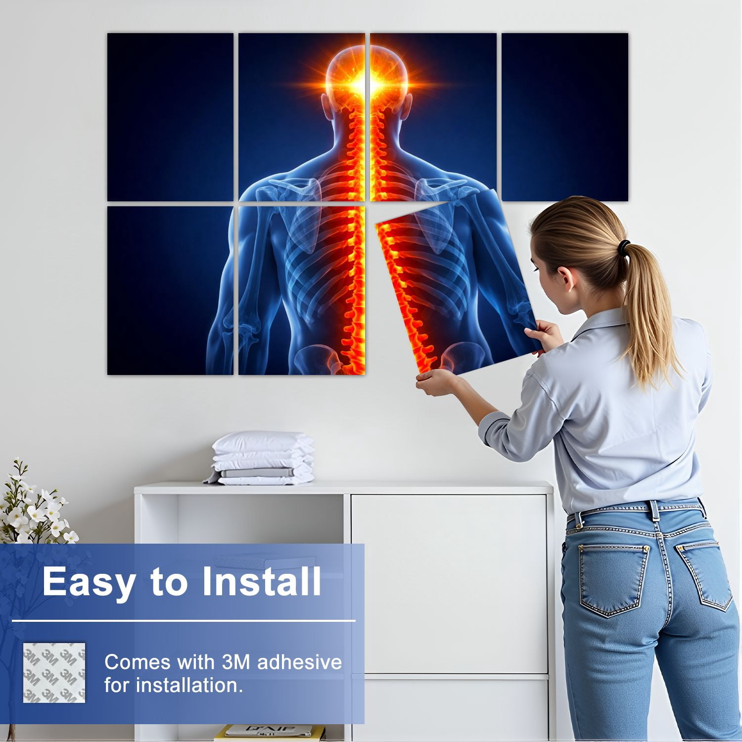 Medical 8 Pack Art Acoustic Panels Sound Absorbing Glowing Human Spine Anatomy Radiant Nervous System Skeletal Structure Decorative Soundproof Wall Panels Self Adhesive for Classroom Hospital 48"x32"