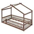 thumbnail image 5 of Twin Size House Bed, Solid Wood Floor Bed Frame with Roof, Fence Guardrails & Slat Support, Montessori Bed for Kids Teens Girls & Boys, No Box Spring Needed, Walnut, 5 of 7