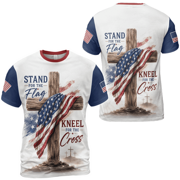 Primeprint Custom LLC Patriotic Faith Unisex T-shirt Multicolor, Flag Draped Cross Graphic Tee