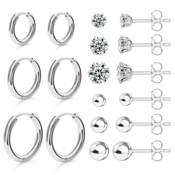 Stud Earrings, 9-piece set, steel-colored