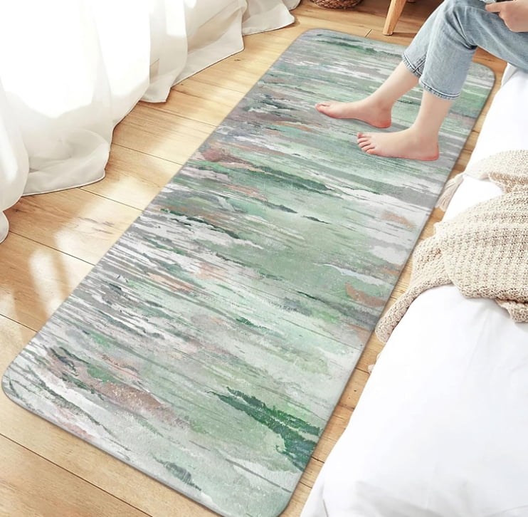 Bathroom Rug, Teal Grey Modern Abstract Kitchen Rugs and Mats Sage Green Abstract Art Kitchen Rugs Kitchen Decor Non-Slip Kitchen Mat Set for Kitchen Floor Laundry Room, 17X48in