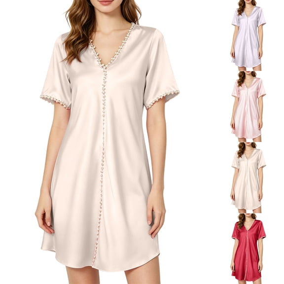 Chemise Nightgowns for Women Zaewscy Lady's Home-style V-neck Short-sleeved Dress With A Sophisticated Look. Suitable For Both Indoor And Outdoor Wear. Beige S
