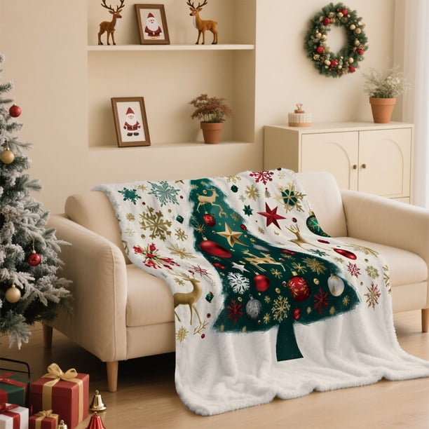 Manta Navideña de Franela con Árbol de Navidad | Chal de Felpa de Doble Cara con Escena de Bosque Nevado | Manta Ideal para Regalo Navideño | 100 X 150 Cm | Blanca | Poliéster | 380 G