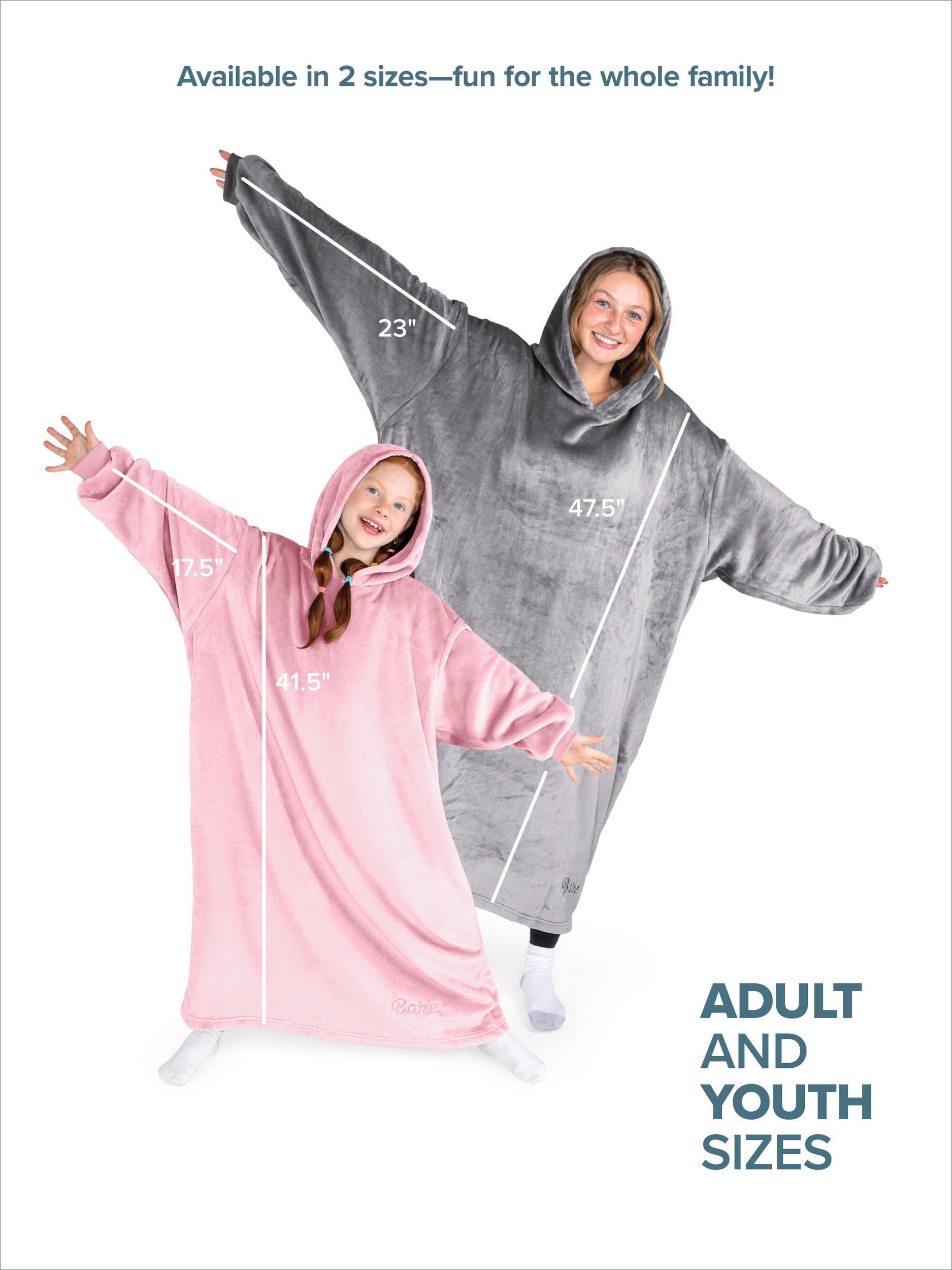 Bare Homey Adult Size Microplush Wearable Blanket - Long Length - Zipper Side Pockets, Gray