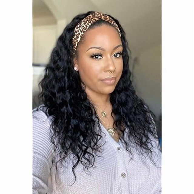 wonima44 Short Curly Headband Wigs for Black Women Natural Black Headband Loose Wavy Synthetic Wig Wear and Go Glueless half Wig with Headbands Attached (Natural Black, 10 Inch)