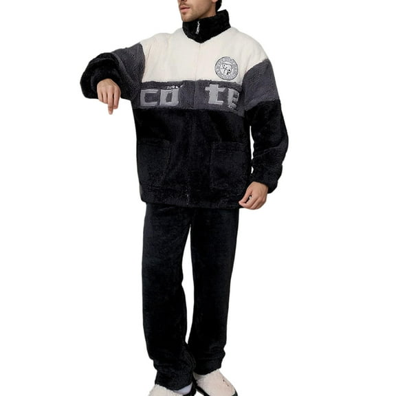 DHFJKG Winter Fluffy Pajama Set For Men Thickened Thermal Loungewear Long Sleeve Stand Collar Zipper Outwear Loose Fit Pants PJ 2 Piece Set Cozy Homewear