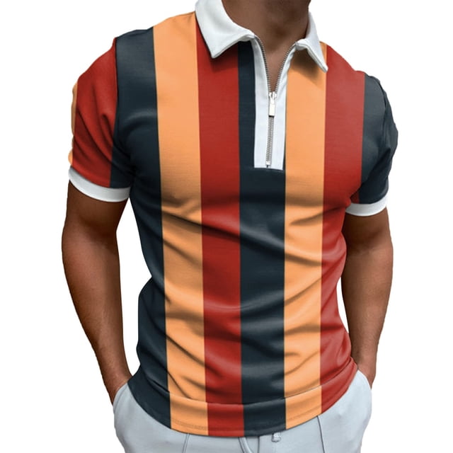 yievot Chemises pour Hommes Mode Personnalité Décontracté Ajusté T-Shirt à Manches Courtes Imprimé à Rayures Quart de Fermeture Éclair T Court Col Rabattu Chemise